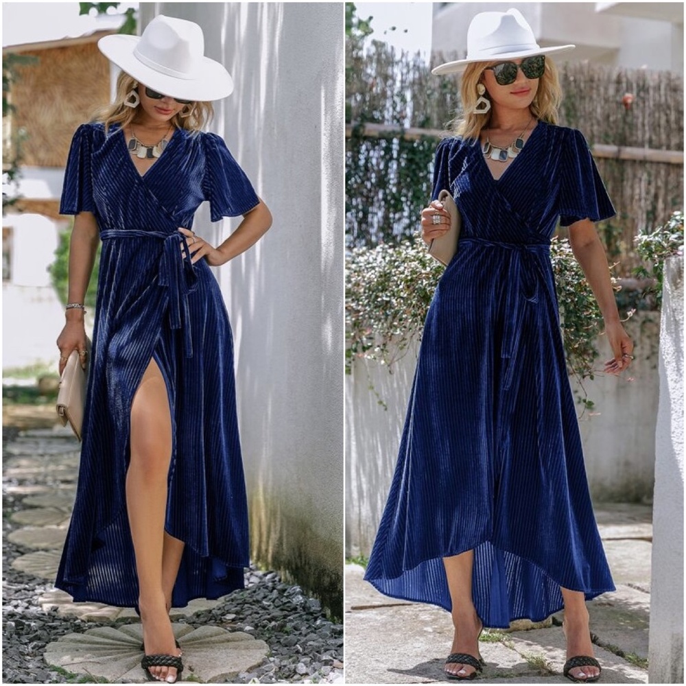 Blue Lush Velvet Butterfly Sleeve Ribbed Maxi Dress